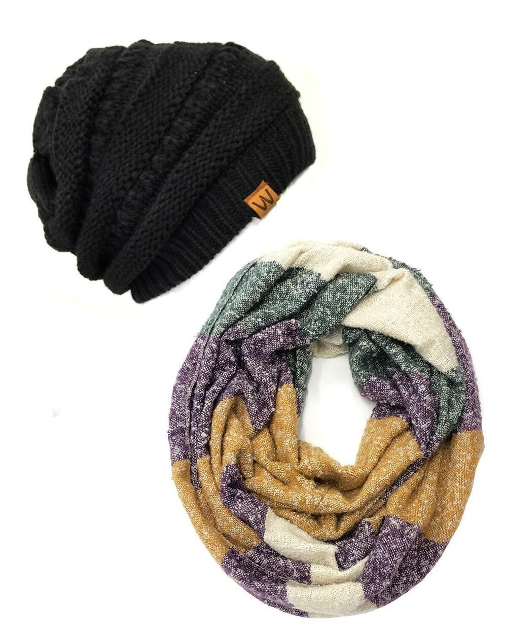 1417 Tricolor Winter Knit Infinity Scarf with Beanie, HGGM + Black